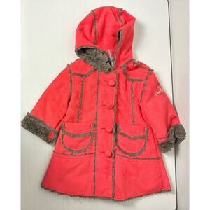 NWT Jean Bourget Baby Girl Faux Suede Faux Fur Coat Size 12 Months Red Button